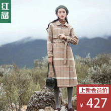 红念人字纹格子毛呢大衣女中长款2018秋冬新款文艺气质呢子大衣女图片