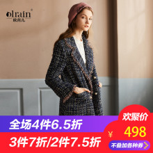 【新品398元】2018秋女装宽松大翻领长袖花色毛呢外套女长款过膝图片
