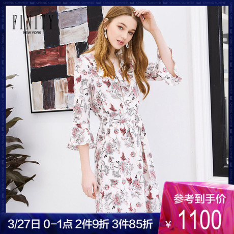 FINITY桑蚕丝印花裙子女2019春季新款圆领喇叭袖中长款真丝连衣裙商品大图