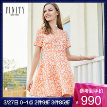 FINITY夏女装新款短袖真丝连衣裙女圆领收腰淑女印花裙子图片