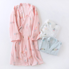 睡袍女水洗纯棉纱布清新羽毛开衫 系绳和服浴衣绉布晨袍 春夏秋薄款