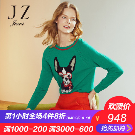 JUZUI/玖姿旗舰店2018冬装新款套头圆领动物图案长袖针织毛衣商品大图