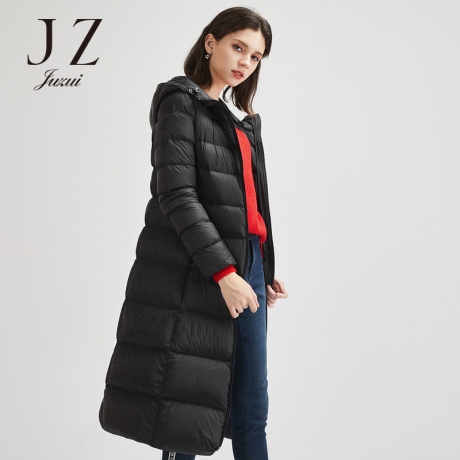JUZUI/玖姿旗舰店2018冬季新款时尚抽绳连帽羽绒服中长款过膝商品大图