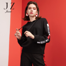 JUZUI/玖姿旗舰店2018冬装新款针织字母连帽抽绳套头卫衣女图片
