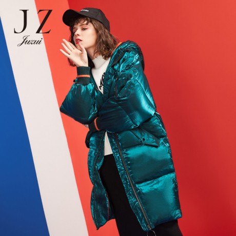 JUZUI/玖姿旗舰店2018冬季连帽抽绳撞色罗纹茧型羽绒服女外套商品大图