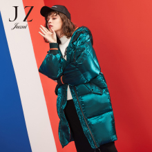 JUZUI/玖姿旗舰店2018冬季连帽抽绳撞色罗纹茧型羽绒服女外套图片