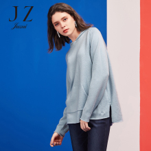 JUZUI/玖姿旗舰店2018前短后长袋鼠兜连帽针织套头女毛衫毛衣图片