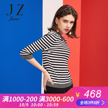 JUZUI/玖姿旗舰店2018秋装亮丝罗纹条纹针织衫女套头圆领上衣图片