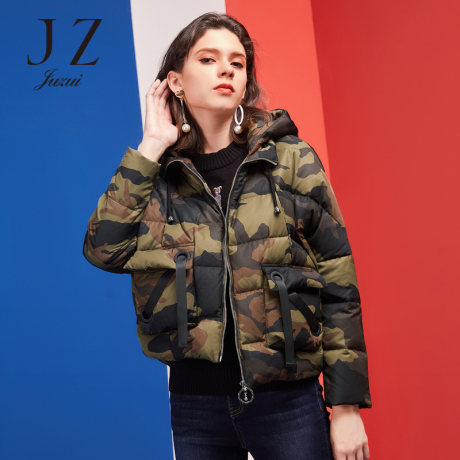 JUZUI/玖姿旗舰店2018冬装新款连帽抽绳迷彩拉链羽绒服女短款商品大图