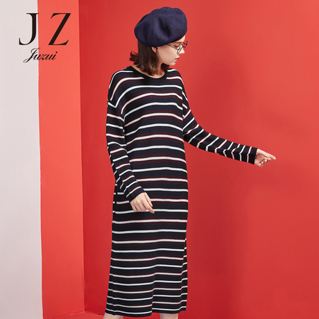 JUZUI/玖姿旗舰店2018冬装新款渐变条纹长款针织毛衫连衣裙女商品大图