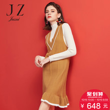 JUZUI/玖姿旗舰店2018冬装新款V领无袖长款针织衫女连衣裙图片