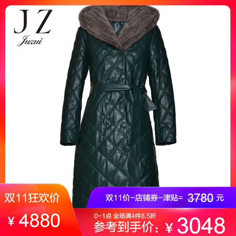 预售 玖姿旗舰店2018冬装新款水貂毛领皮衣皮棉衣女腰带款商品大图
