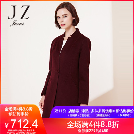 预售 玖姿旗舰店冬季新款收腰立领长袖羊毛中长双面呢大衣女商品大图