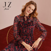 JUZUI/玖姿女装2018秋装新款系带压褶木耳领雪纺连衣裙女两件套图片