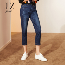 JUZUI/玖姿旗舰店2018秋装新款时尚贴布绣花直筒水洗牛仔裤图片