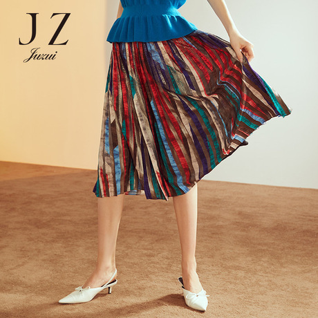 JUZUI/玖姿旗舰店2018秋装亮丝松紧腰胶印中长百褶半身裙女商品大图