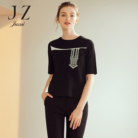 JUZUI/玖姿旗舰店2018时尚针织图案短袖针织衫圆领套头上衣女商品大图