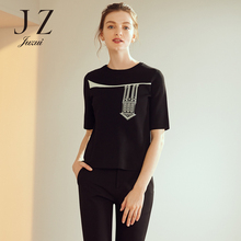 JUZUI/玖姿旗舰店2018时尚针织图案短袖针织衫圆领套头上衣女图片
