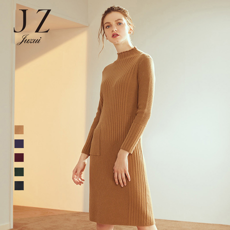 JUZUI/玖姿旗舰店2018冬装新款纯羊毛半高领针织毛衣连衣裙女商品大图