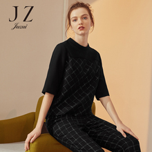 JUZUI/玖姿旗舰店2018秋装黑色针织衫格纹羊毛中袖上衣套头女图片