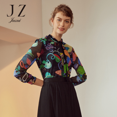 JUZUI/玖姿旗舰店2018秋季新款网纱水彩印花系带衬衫女上衣商品大图
