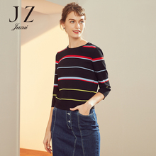 JUZUI/玖姿旗舰店2018秋装新款长袖圆领撞色条纹针织套头毛衫图片