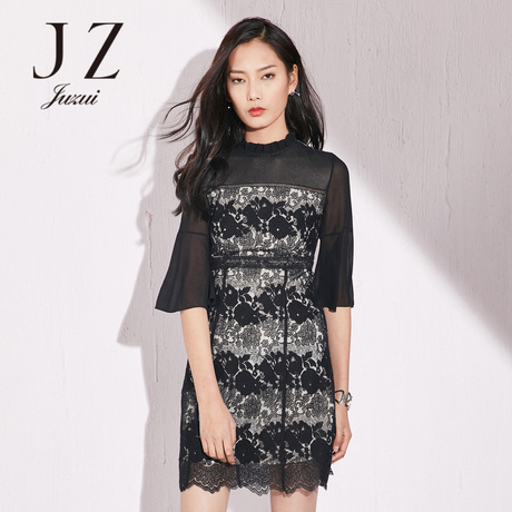 JUZUI/玖姿旗舰店2018春装黑色蕾丝拼接喇叭袖女装连衣裙商品大图