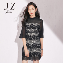 JUZUI/玖姿旗舰店2018春装黑色蕾丝拼接喇叭袖女装连衣裙图片