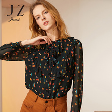 JUZUI/玖姿旗舰店2018秋装印花荷叶边立领雪纺长袖衬衫女上衣图片