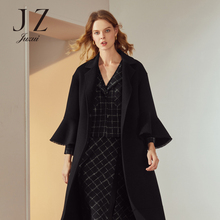 JUZUI/玖姿女装2018新款羊毛混纺睫毛边喇叭袖羊毛大衣女冬过膝图片
