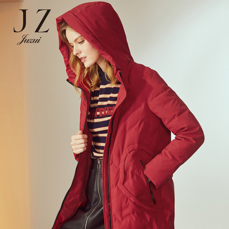 JUZUI/玖姿旗舰店2018冬季新款红色连帽白鸭绒羽绒服女长款商品大图