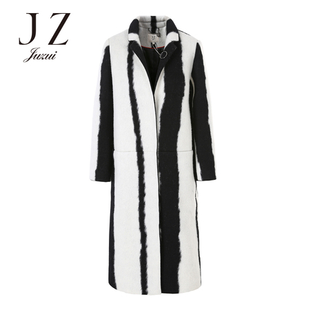 JUZUI/玖姿旗舰店2018秋装新款黑白撞色竖条纹羊毛呢子大衣女商品大图
