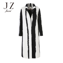 JUZUI/玖姿旗舰店2018秋装新款黑白撞色竖条纹羊毛呢子大衣女图片