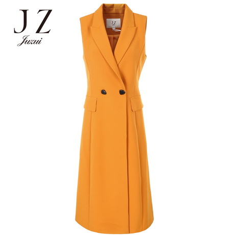 JUZUI/玖姿旗舰店2018秋装新款双排扣戗驳领长款无袖马夹外套商品大图