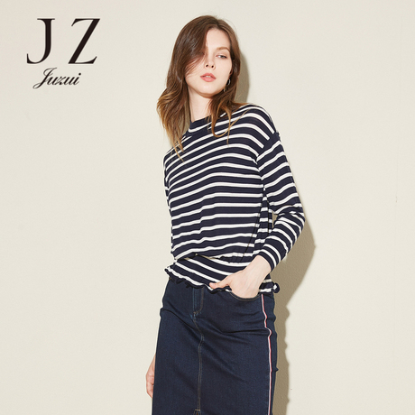 JUZUI-玖姿旗舰店2017新款长袖修身条纹上衣羊毛毛衫女商品大图