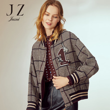 JUZUI/玖姿旗舰店2018冬装复古格纹亮钻贴布棒球服粗毛呢外套图片