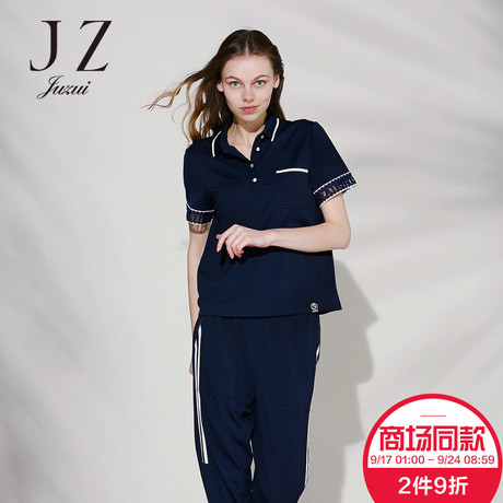 JUZUI/玖姿玖姿旗舰店女装2018夏装蕾丝字母绣花POLO衫女T恤商品大图