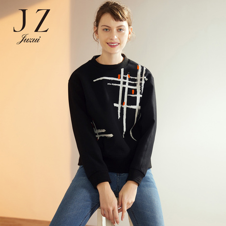 JUZUI/玖姿旗舰店2018秋装新款黑色胶印套头针织衫上衣女长袖商品大图