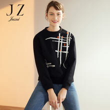 JUZUI/玖姿旗舰店2018秋装新款黑色胶印套头针织衫上衣女长袖图片