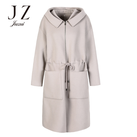 JUZUI/玖姿旗舰店2018冬装连帽抽绳拉链羊毛双面呢大衣女商品大图