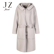 JUZUI/玖姿旗舰店2018冬装连帽抽绳拉链羊毛双面呢大衣女图片