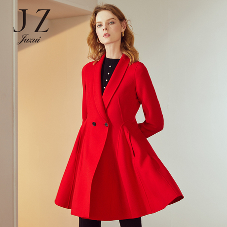 JUZUI/玖姿旗舰店2018冬装翻领修身收腰显瘦中长款羊毛呢大衣商品大图