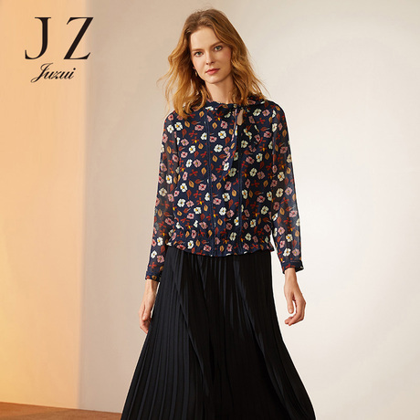 JUZUI/玖姿旗舰店2018秋季新款系带碎花收腰显瘦雪纺衫女上衣商品大图