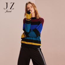 JUZUI/玖姿旗舰店2018秋装新款套头半高领条纹拼色毛衣女宽松图片