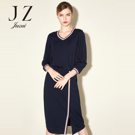 JUZUI/玖姿旗舰店女装修身裙子2017春季新款撞色中长款连商品大图