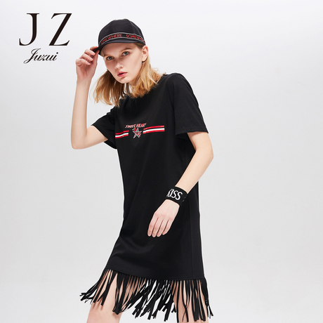 JUZUI/玖姿休闲时尚流苏中长短袖连衣裙女夏2018新款减龄长T恤商品大图