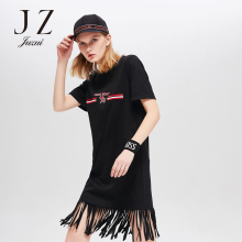 JUZUI/玖姿休闲时尚流苏中长短袖连衣裙女夏2018新款减龄长T恤图片
