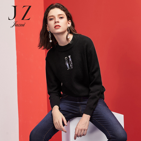 JUZUI/玖姿2018冬装新款多色长袖圆领套头针织衫女毛衣商品大图