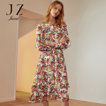 JUZUI/玖姿旗舰店2018秋装新款树叶印花荷叶边高腰中长连衣裙图片