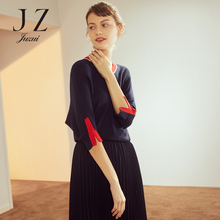 JUZUI/玖姿旗舰店2018秋装新款时尚V领撞色羊毛针织套头毛衫图片